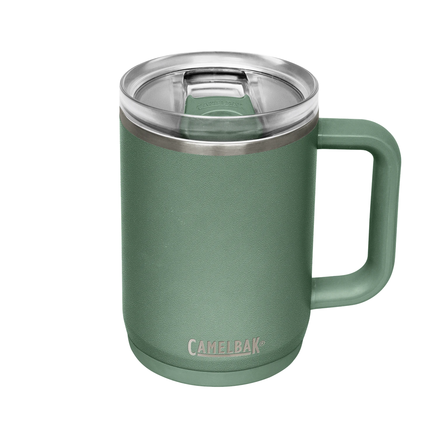 Green insulated mug with handle and clear lid on a white background