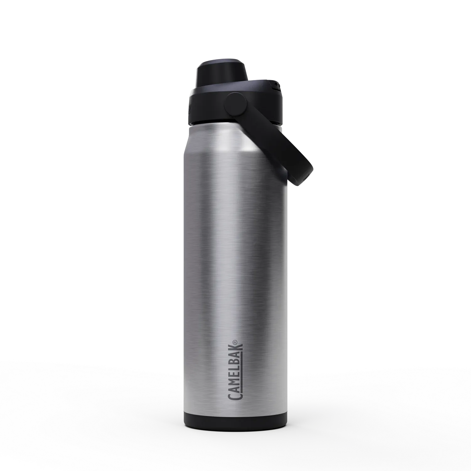 Silver water bottle with black lid on a white background