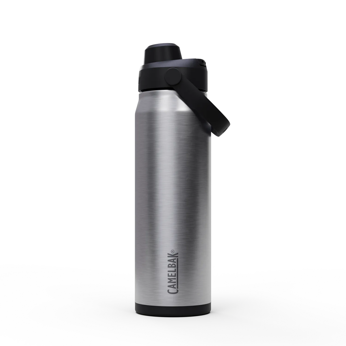 Silver water bottle with black lid on a white background