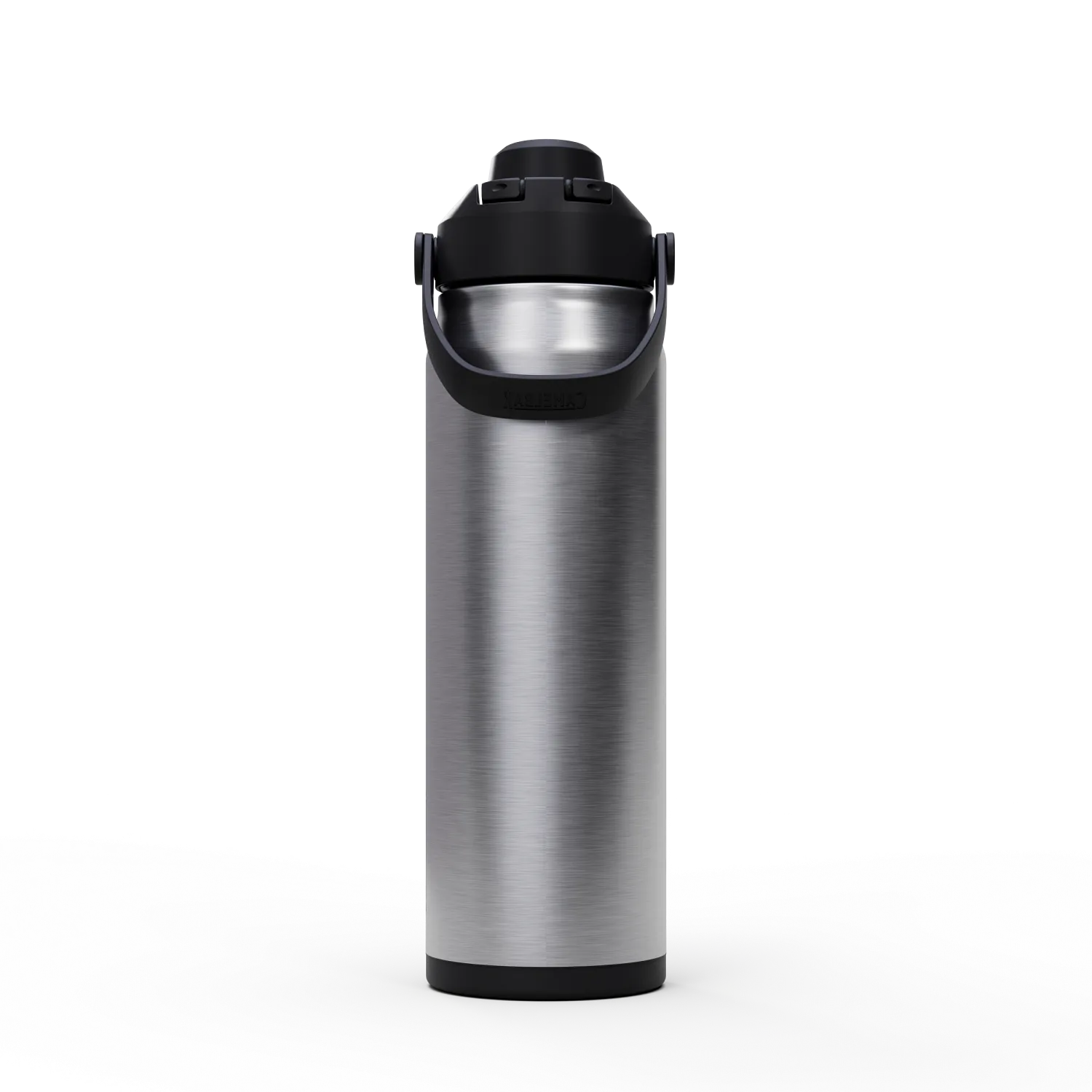 Silver insulated bottle with black lid on a white background