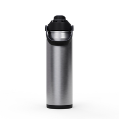 Silver insulated bottle with black lid on a white background