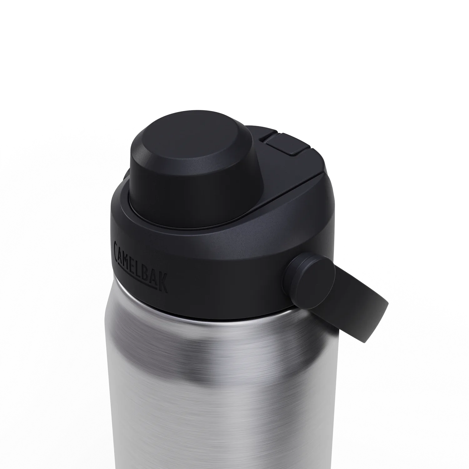 Close-up of a silver water bottle with a black cap on a white background