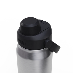 Close-up of a silver water bottle with a black cap on a white background