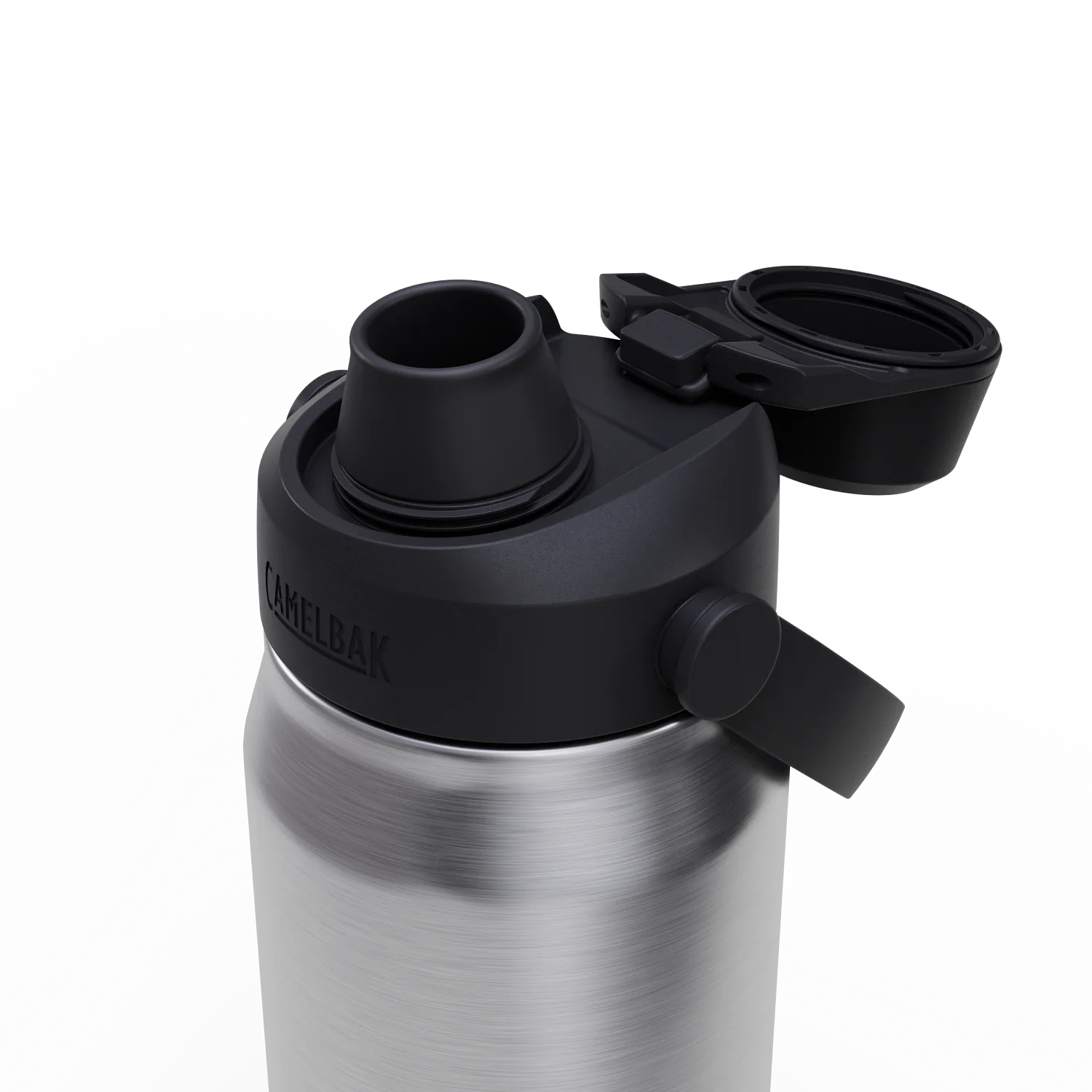 Close-up of a silver water bottle with black lid on a white background