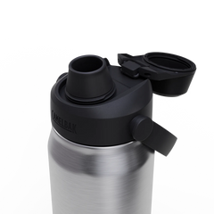 Close-up of a silver water bottle with black lid on a white background