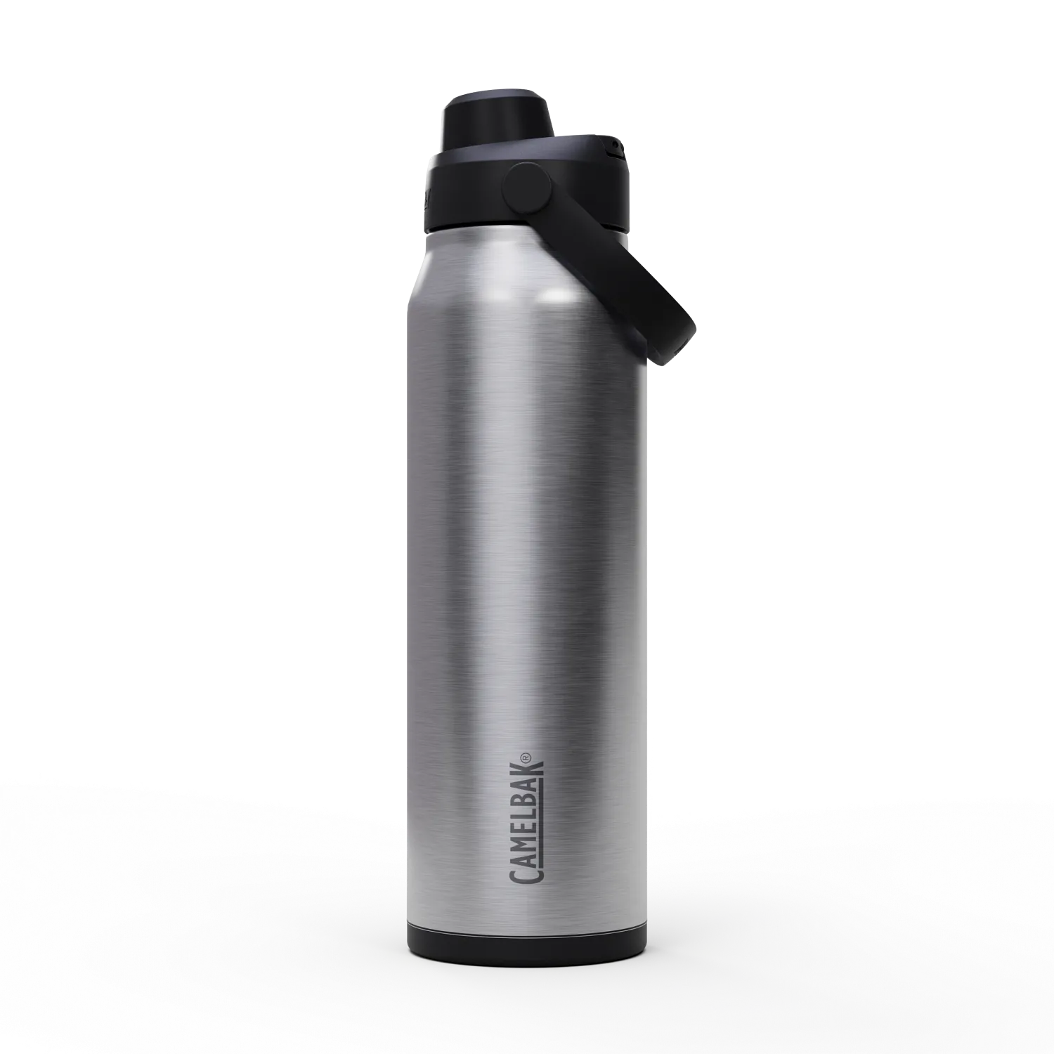 Silver water bottle with black cap on a white background