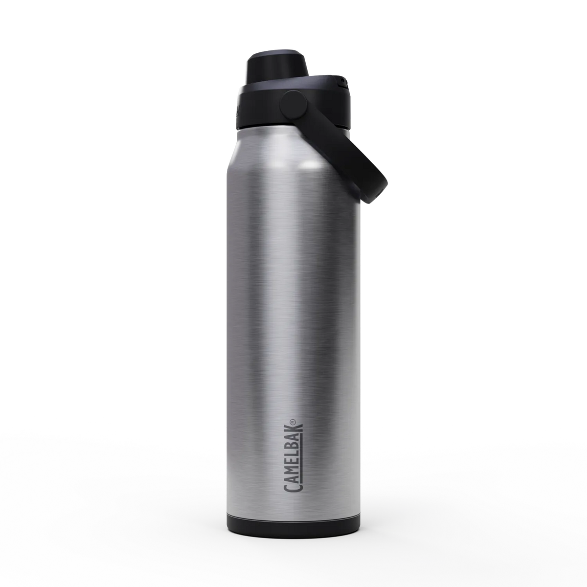Silver water bottle with black cap on a white background
