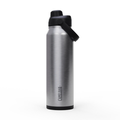 Silver water bottle with black cap on a white background