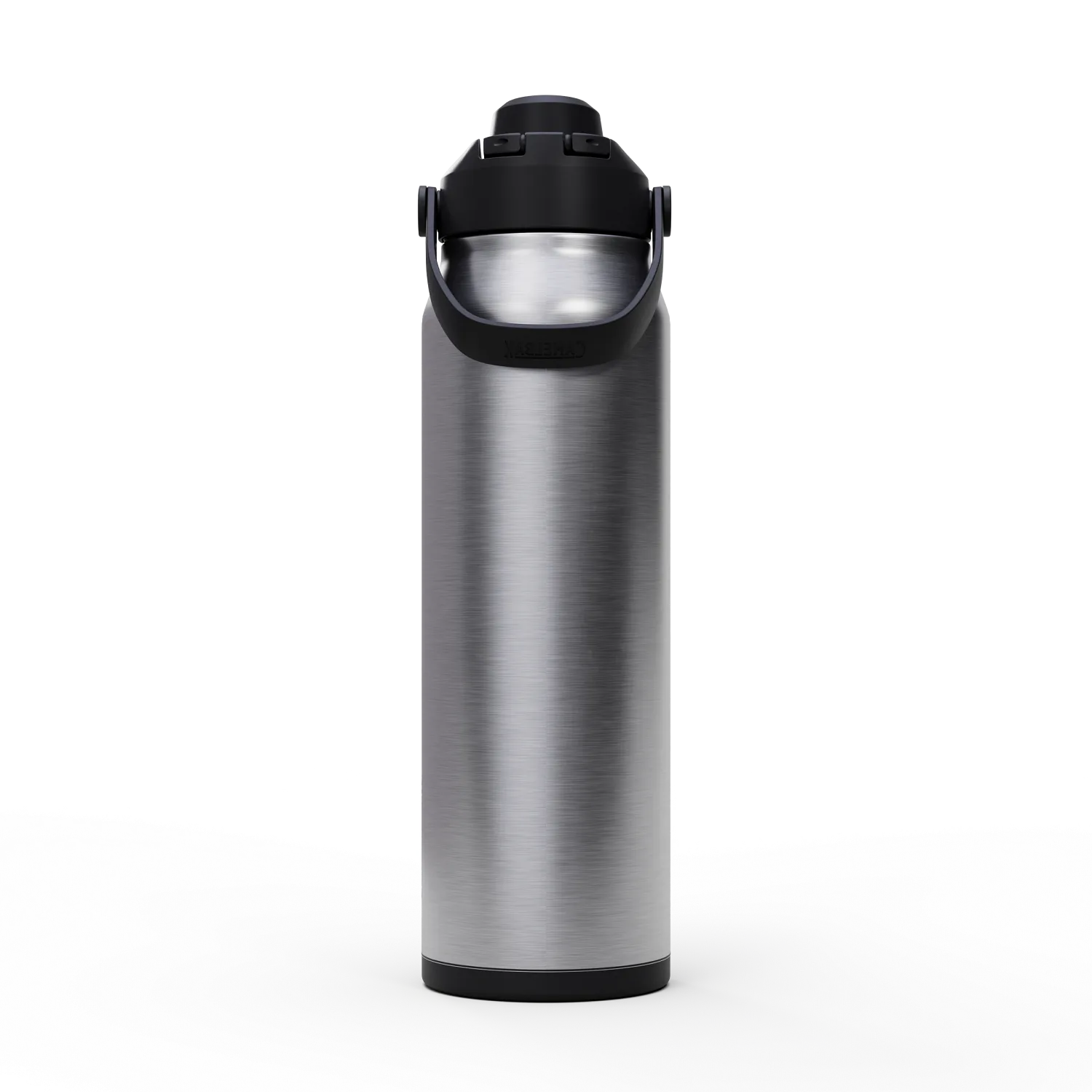 Silver insulated bottle with black lid on a white background