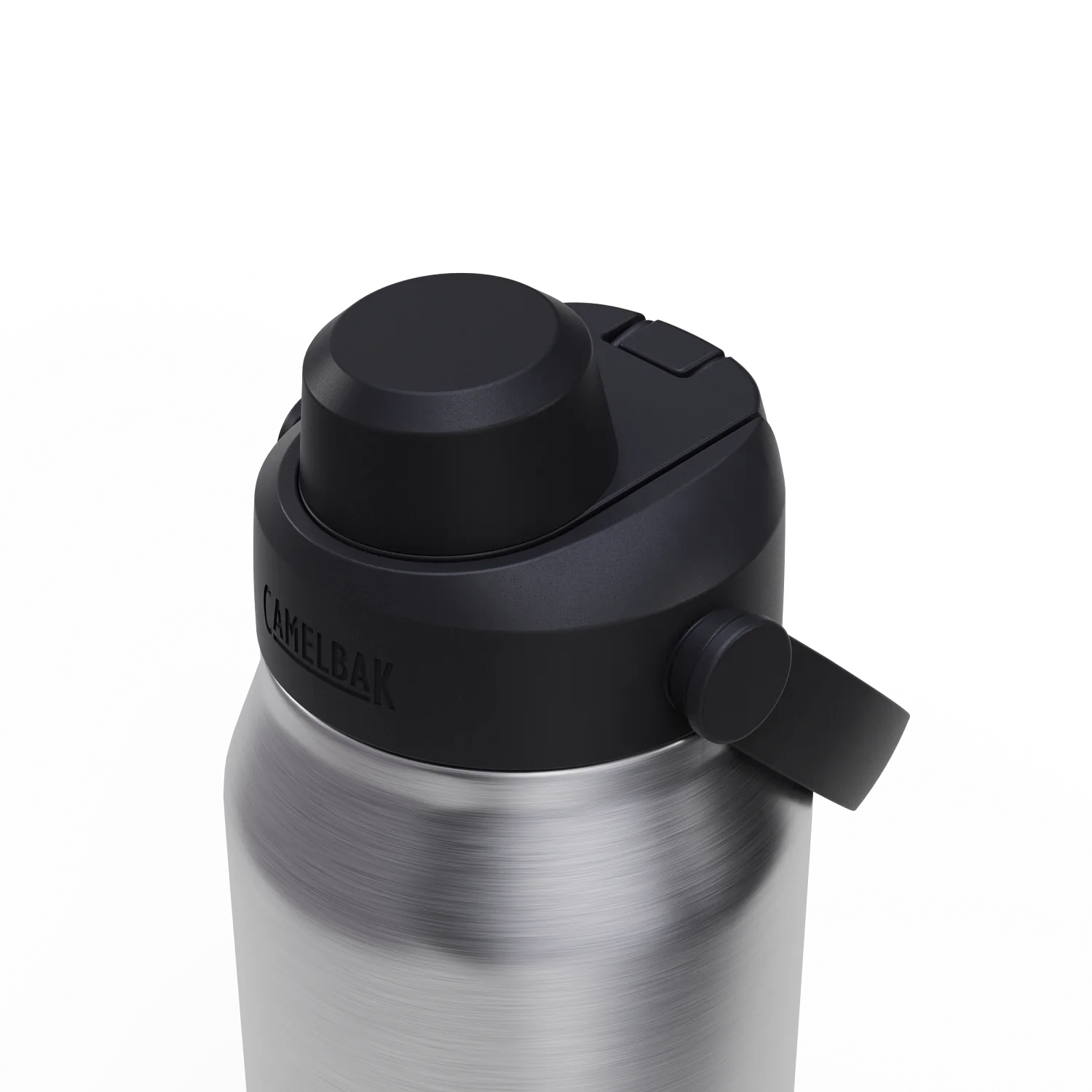 Silver water bottle with black cap on a white background