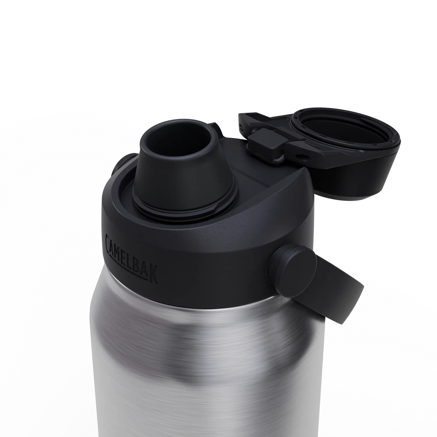 Silver water bottle with black lid on a white background