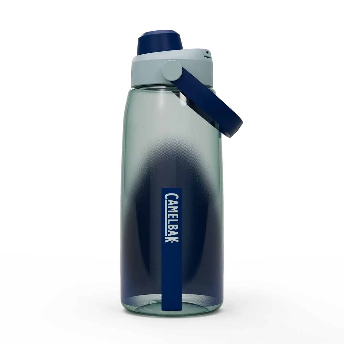 CamelBak water bottle with gradient design and blue handle on a white background