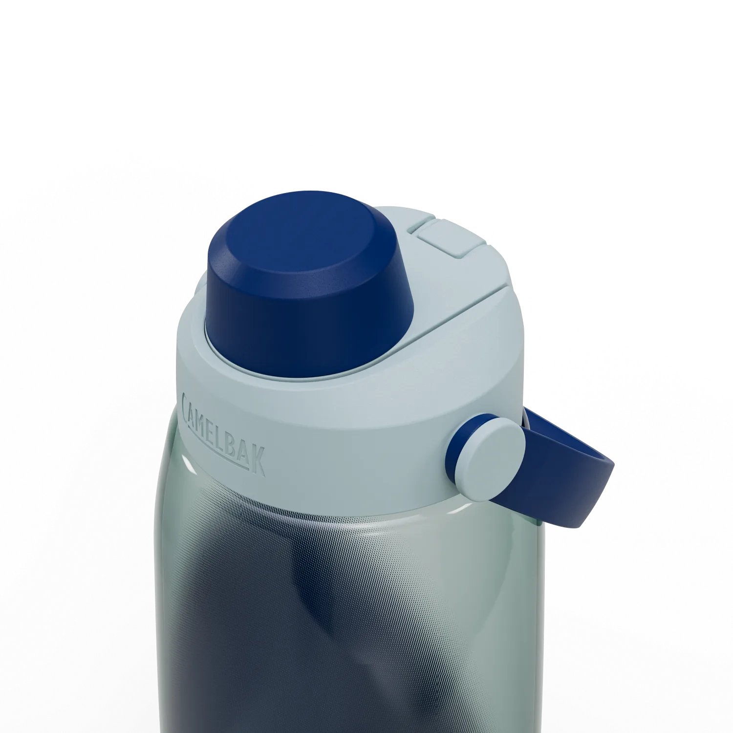 CamelBak water bottle with blue lid on a white background