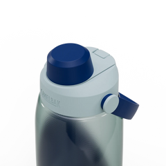 CamelBak water bottle with blue lid on a white background