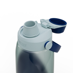 Close-up of a CamelBak water bottle with a blue lid on a white background