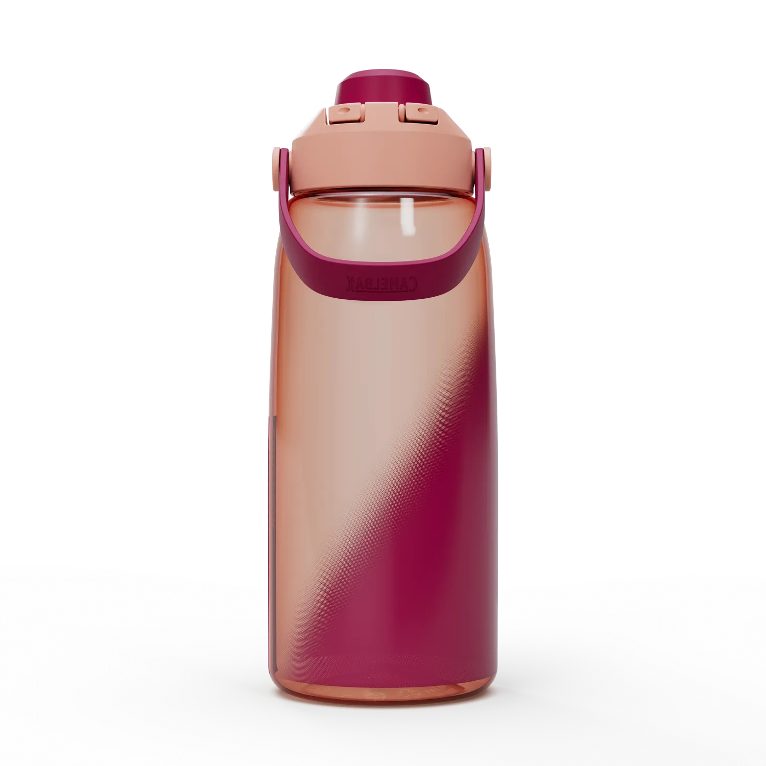 Gradient water bottle with pink and purple design on a white background