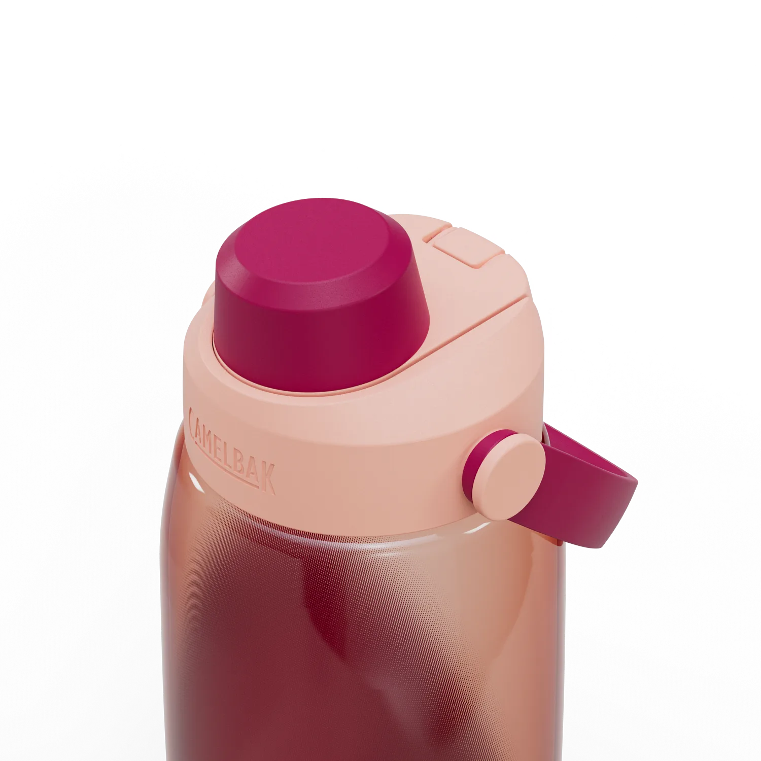 Pink and purple water bottle with a visible brand logo on a white background