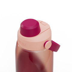 Pink and purple water bottle with a visible brand logo on a white background
