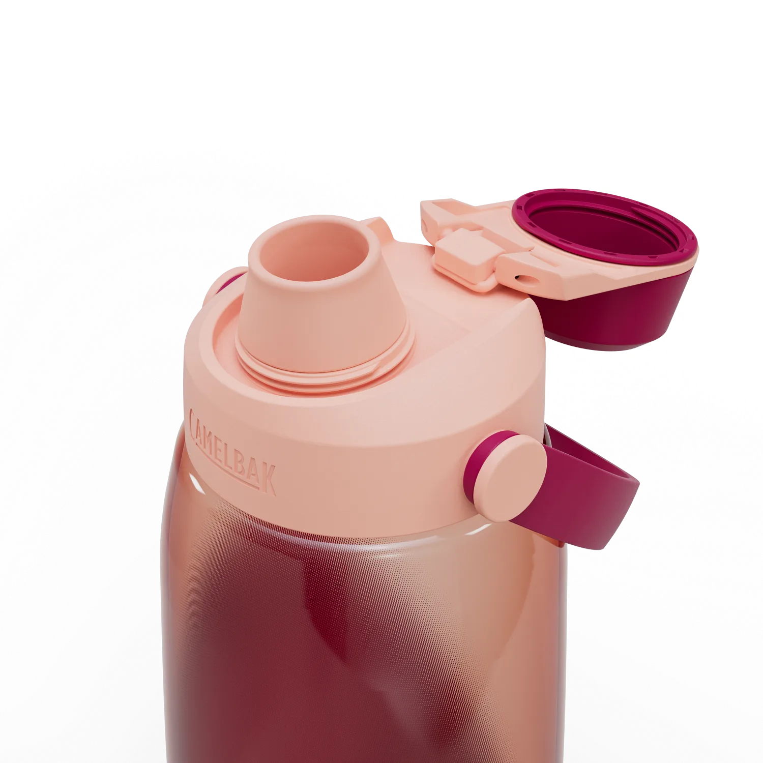 Pink and purple water bottle with a clip on lid on a white background