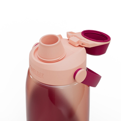 Pink and purple water bottle with a clip on lid on a white background