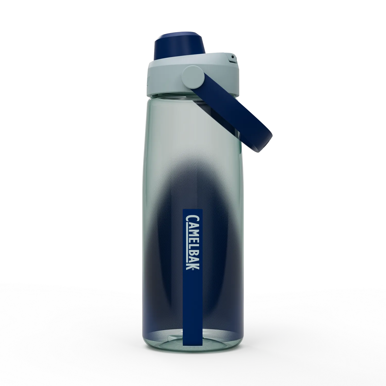 CamelBak water bottle with blue handle and logo on a white background