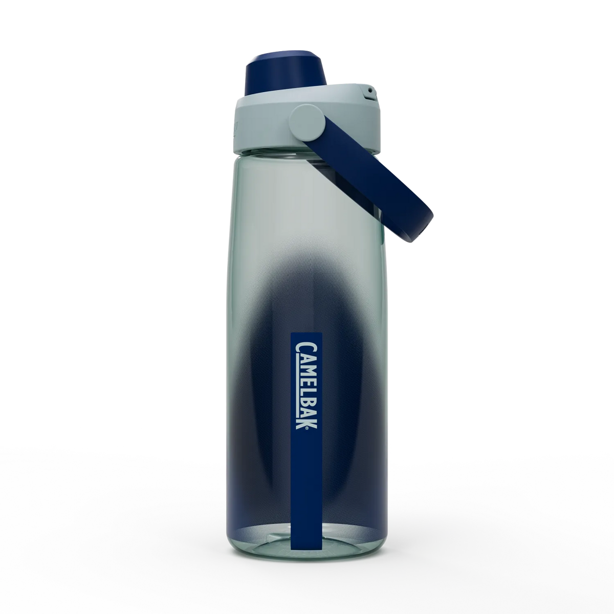 CamelBak water bottle with blue handle and logo on a white background