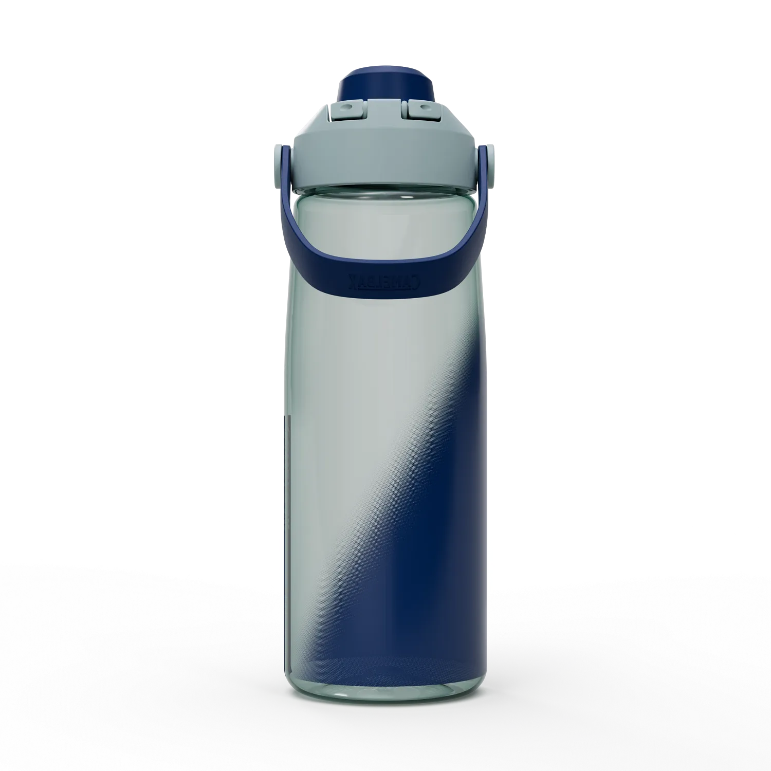 Clear water bottle with blue handle and base on a white background