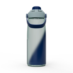 Clear water bottle with blue handle and base on a white background