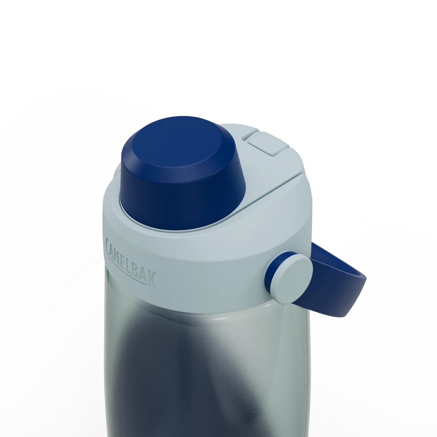 Blue and gray CamelBak water bottle on a white background
