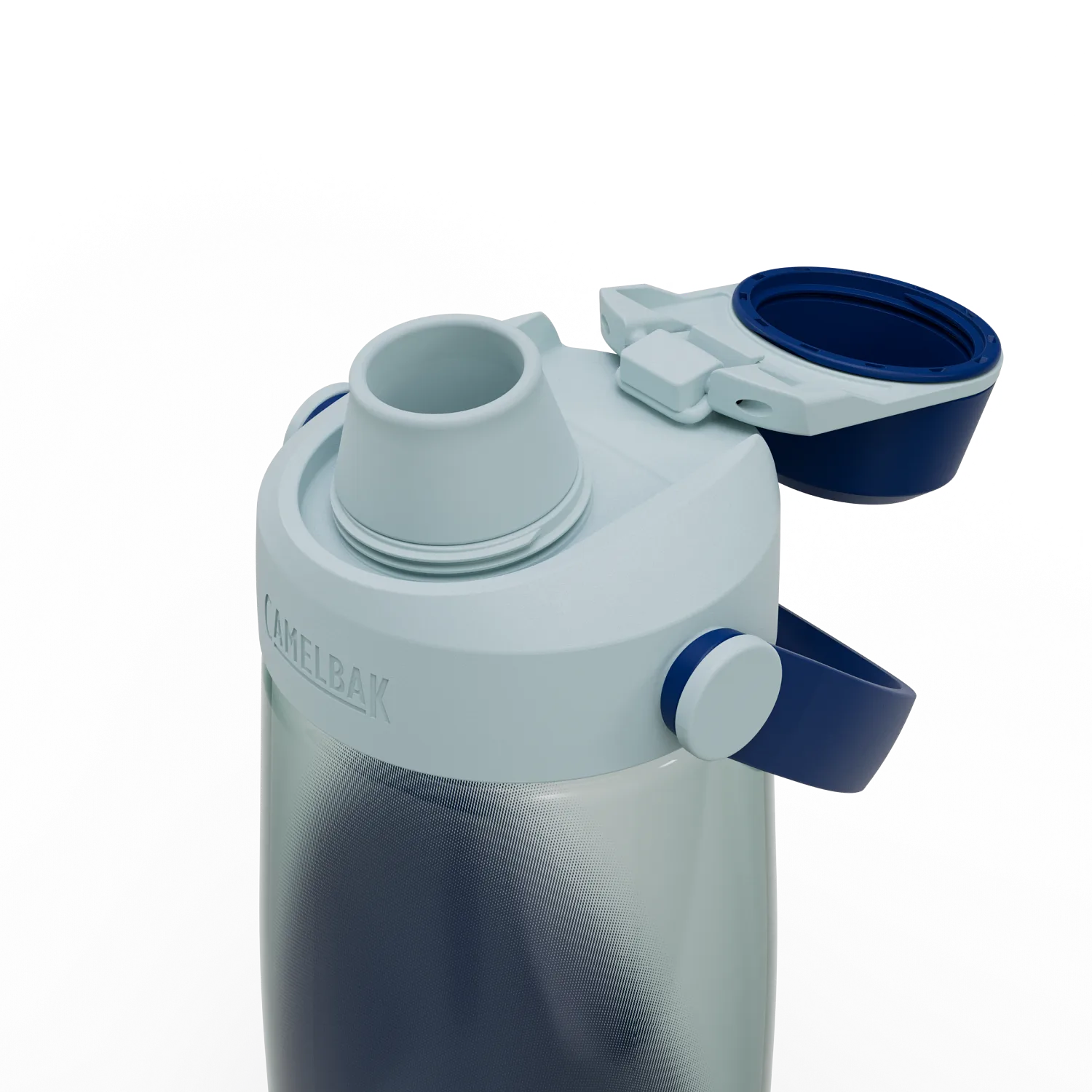 Close-up of a CamelBak water bottle with a blue lid on a white background