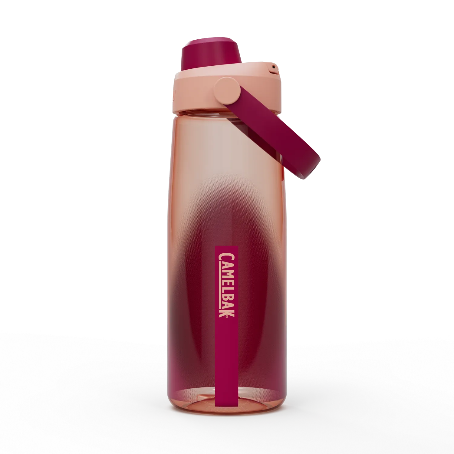 CamelBak water bottle with gradient design and pink handle on a white background