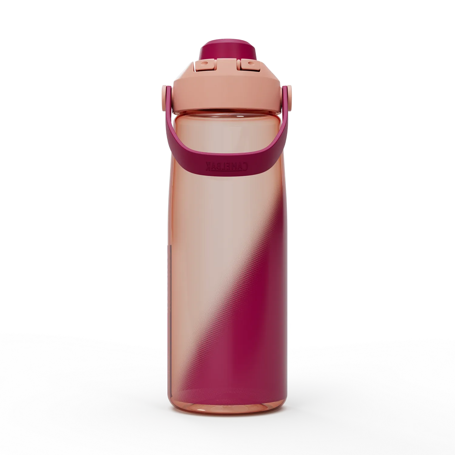Gradient pink and rose gold water bottle on a white background