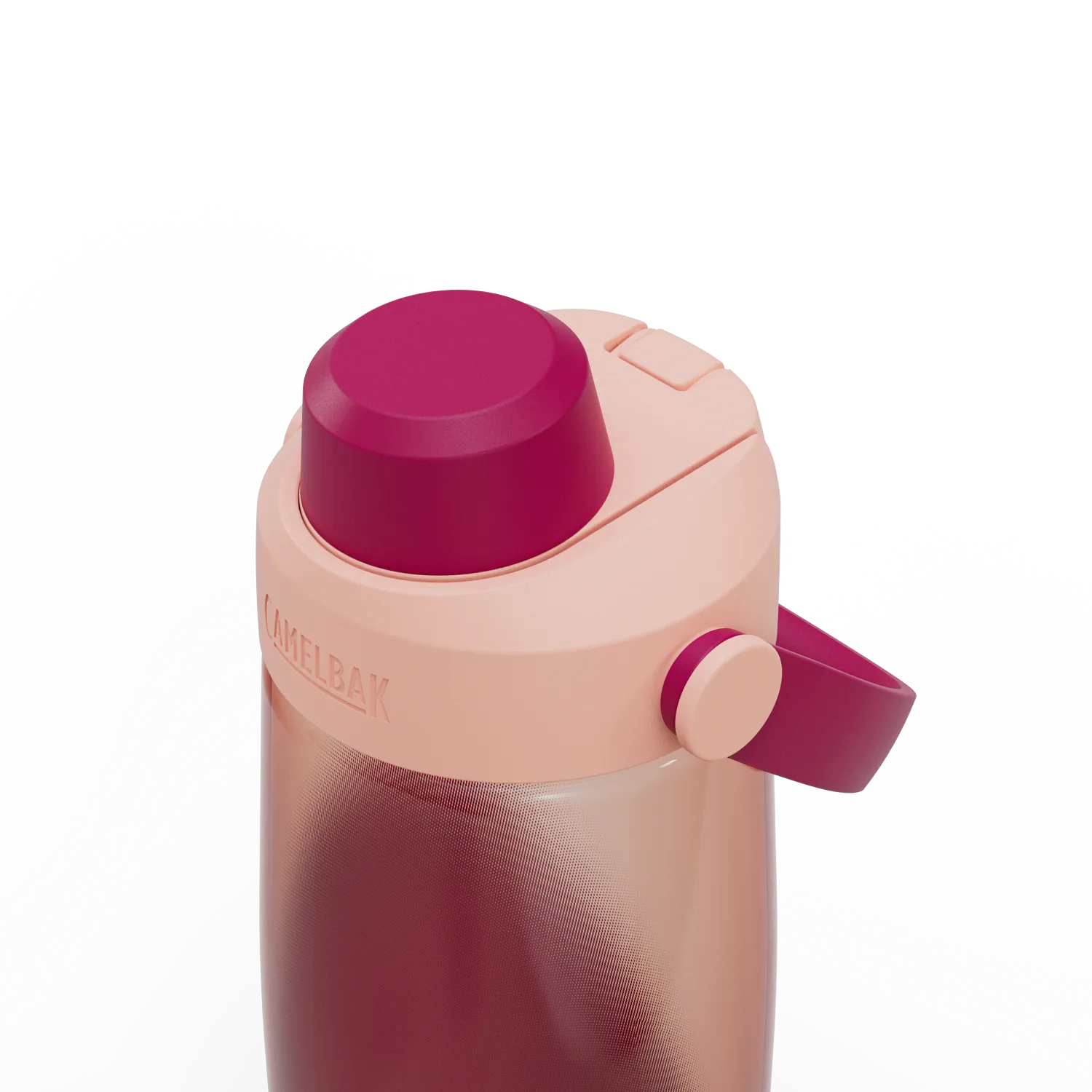 Pink and purple water bottle with a visible brand logo on a white background