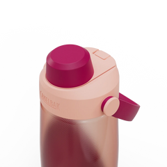 Pink and purple water bottle with a visible brand logo on a white background