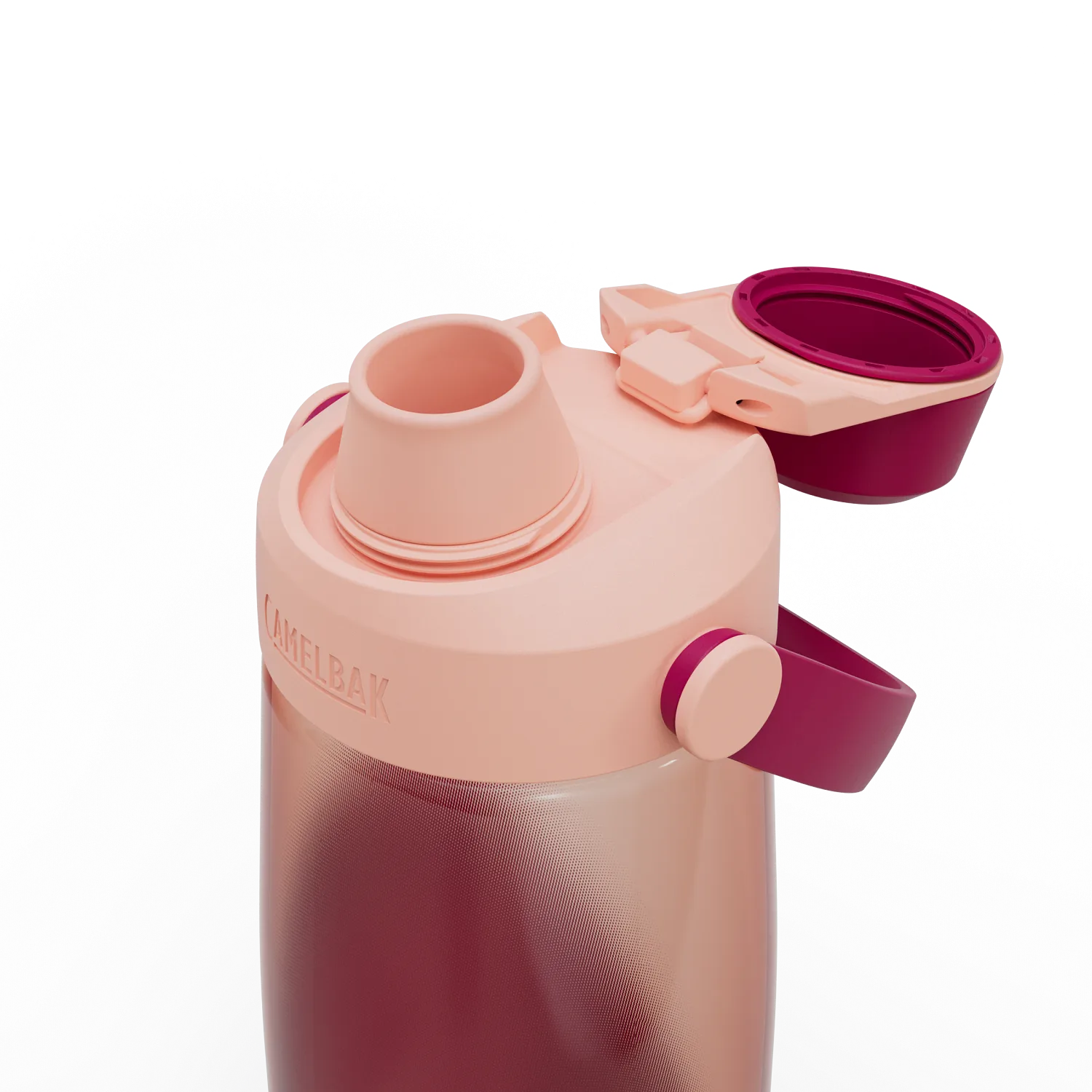 Pink and purple water bottle with a clip on lid on a white background