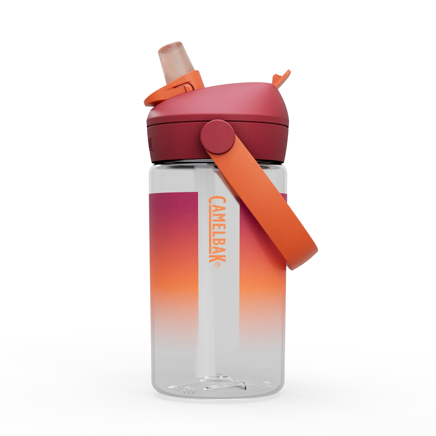 CamelBak water bottle with gradient design and orange handle on a white background