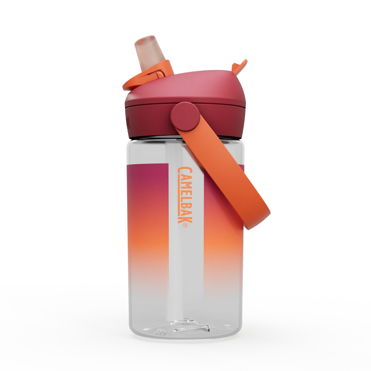 CamelBak water bottle with gradient design and orange handle on a white background
