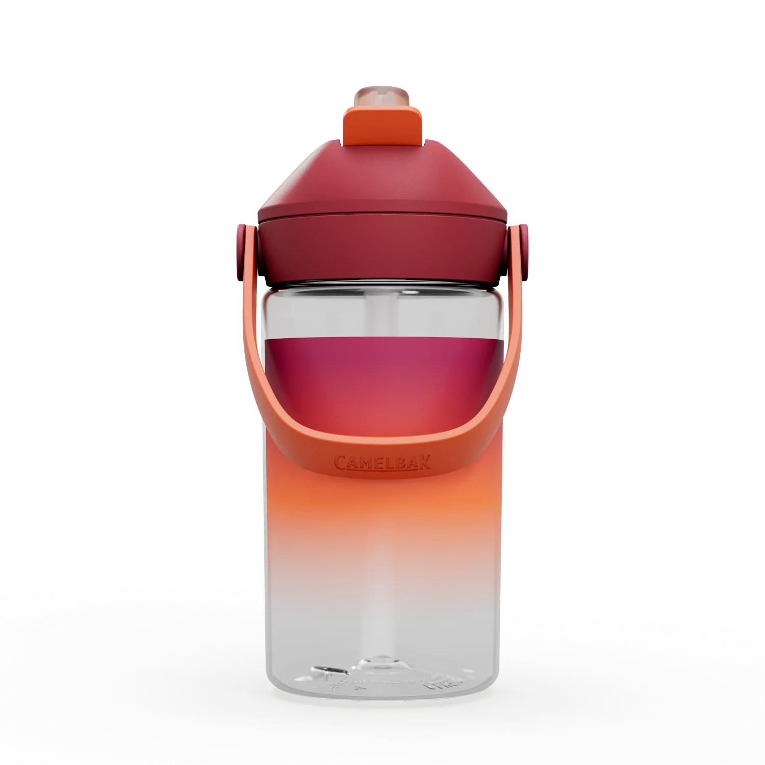Gradient red to orange water bottle with clear middle section on a white background