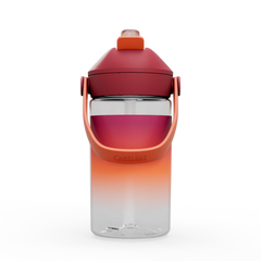 Gradient red to orange water bottle with clear middle section on a white background