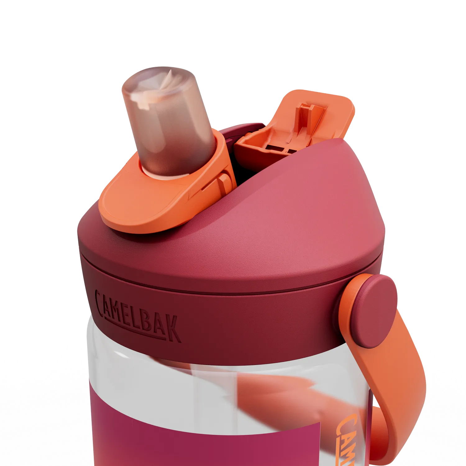 CamelBak water bottle with red and orange design on a white background