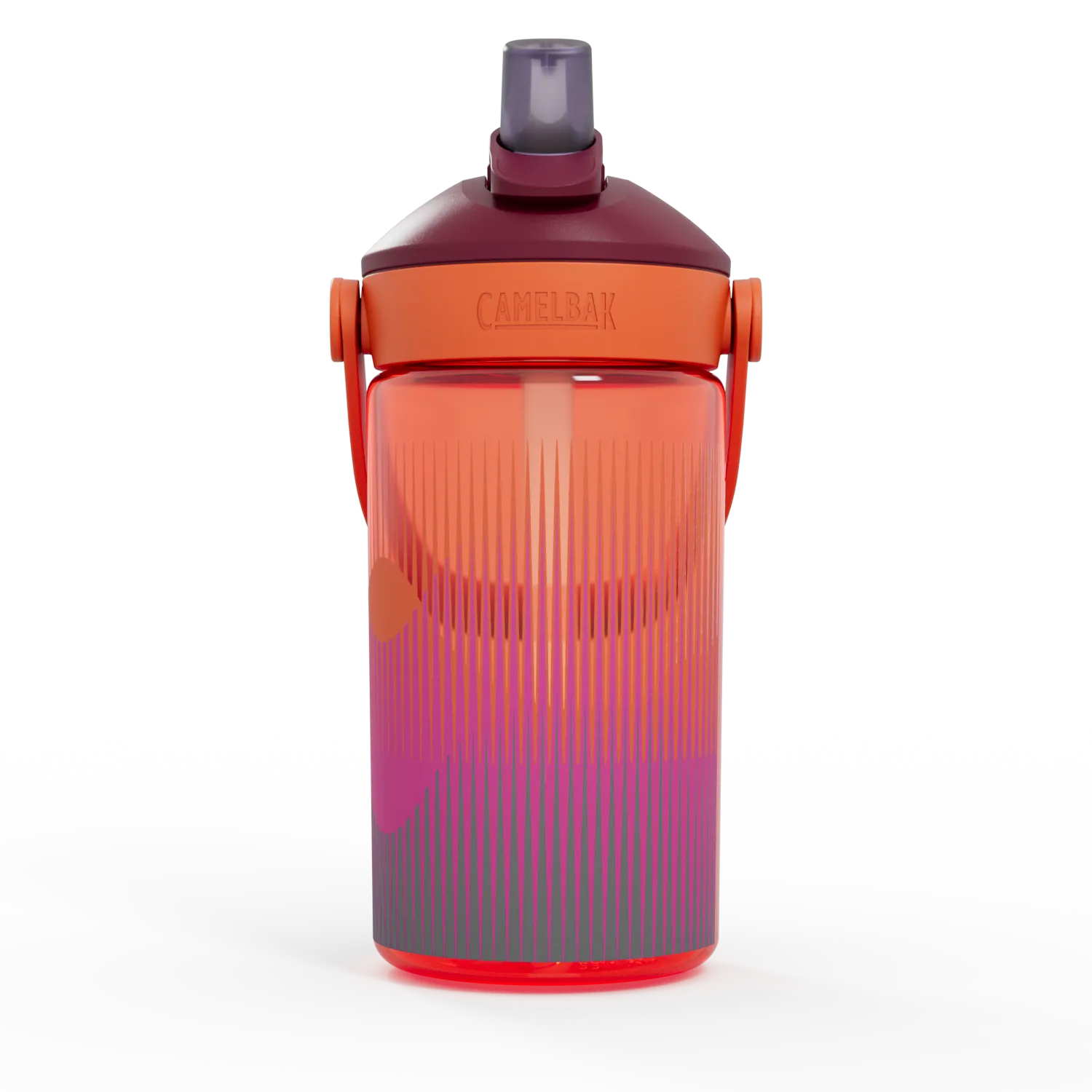Gradient water bottle with orange, pink, and gray design on a white background