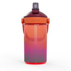 Gradient water bottle with orange, pink, and gray design on a white background