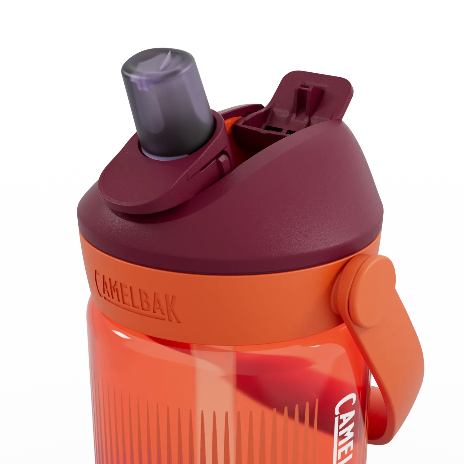 CamelBak water bottle with maroon lid on a white background