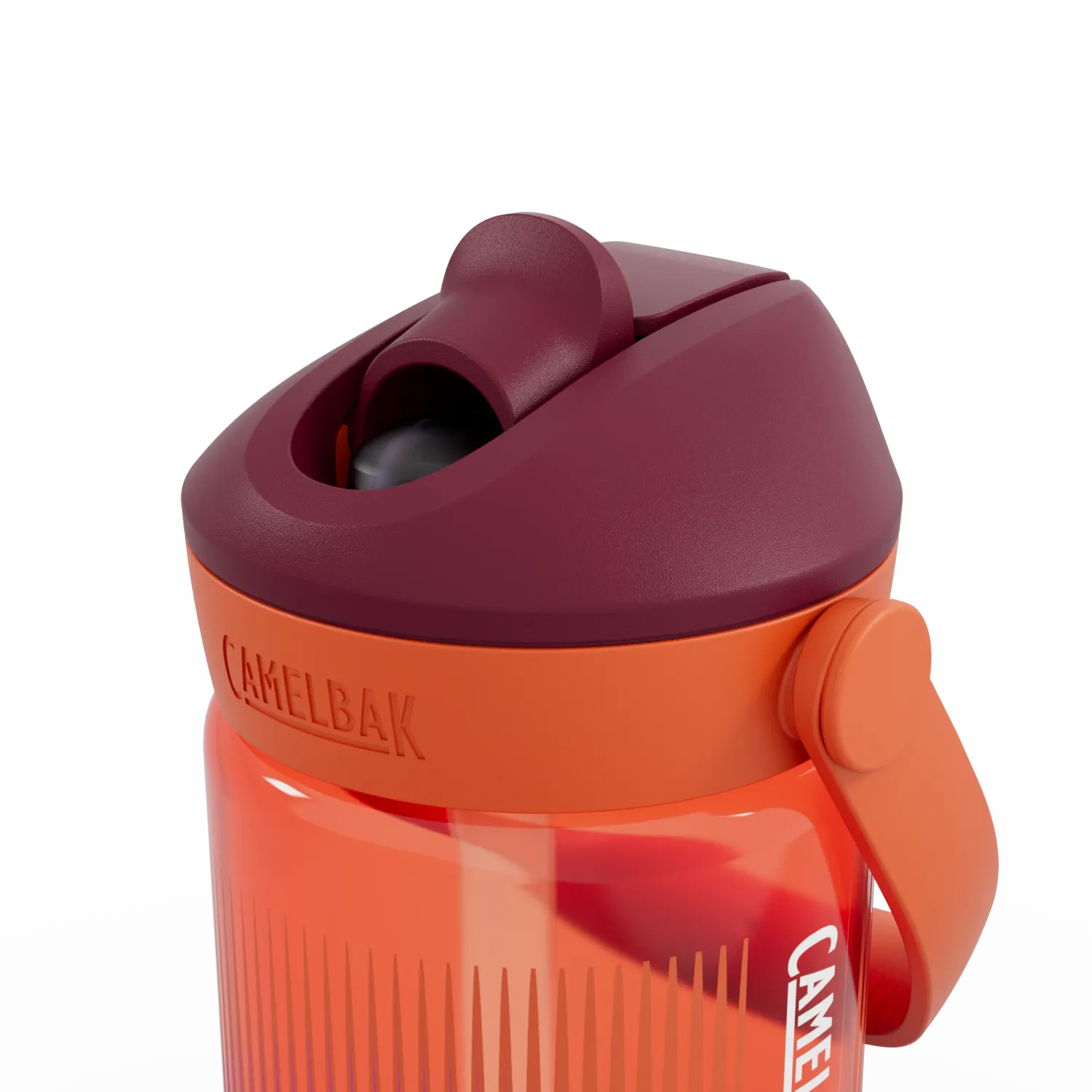 Orange CamelBak water bottle with a maroon lid on a white background