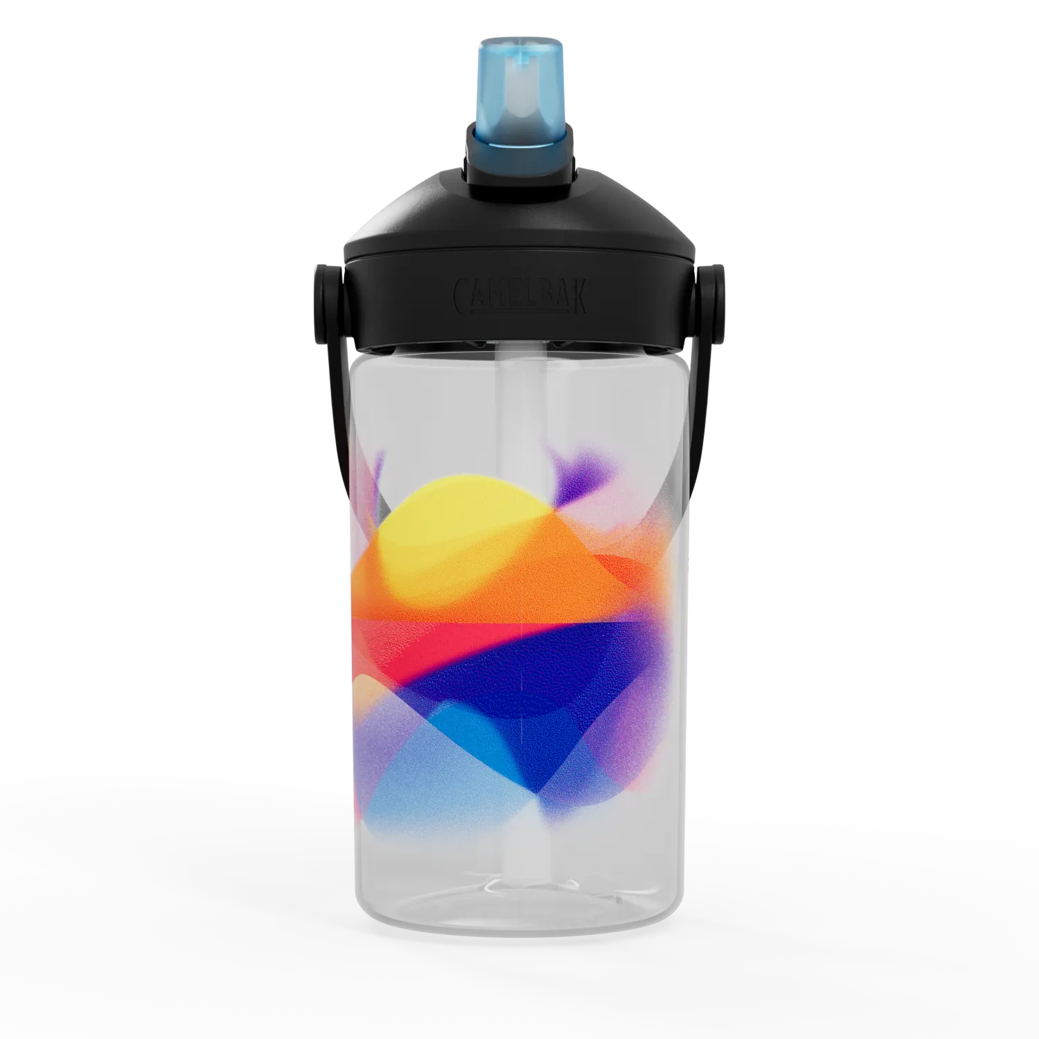 Clear water bottle with colorful geometric design and black lid on a white background