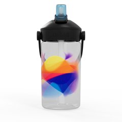 Clear water bottle with colorful geometric design and black lid on a white background