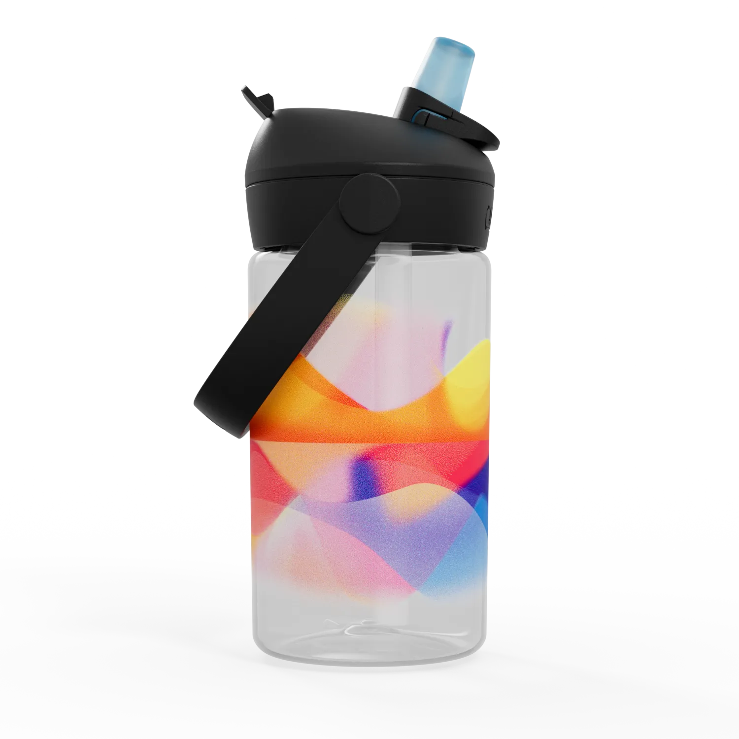 Colorful water bottle with a black lid on a white background