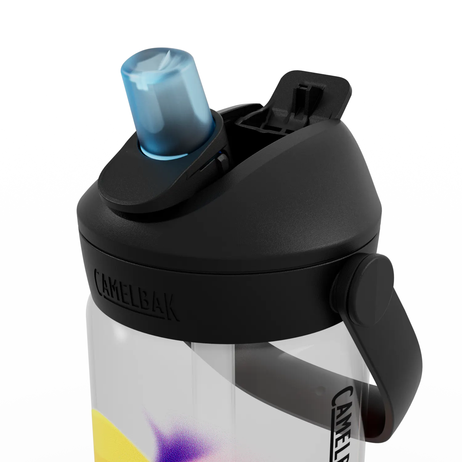 CamelBak water bottle with black lid and handle on a white background